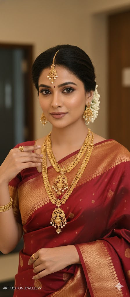 American Diamond/CZ Traditional Lakshmi Coin Long Haram Combo Set